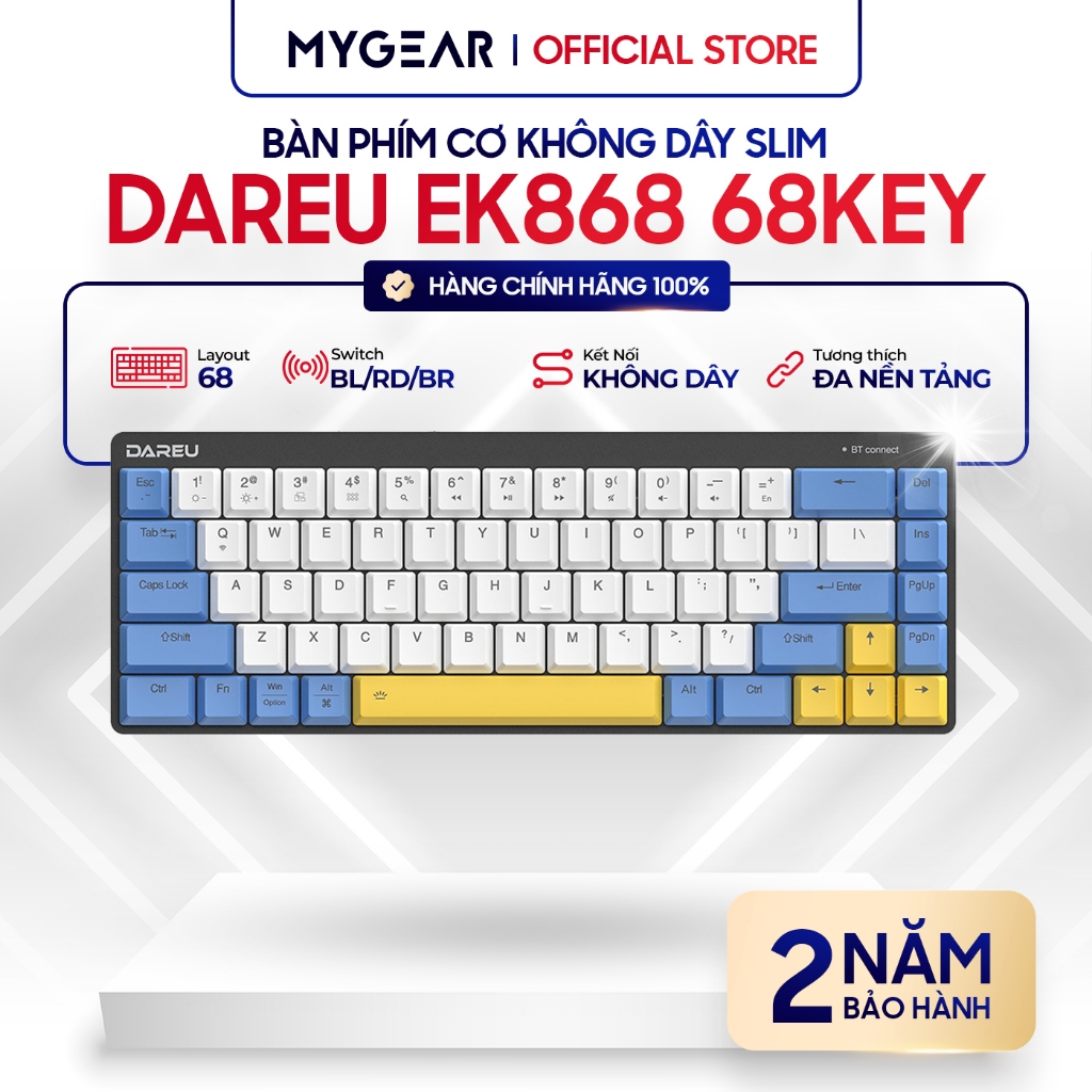 Bàn phím cơ không dây DAREU EK868 68KEY Bluetooth/SLIM - Switch Blue/Red/Brown Chính hãng