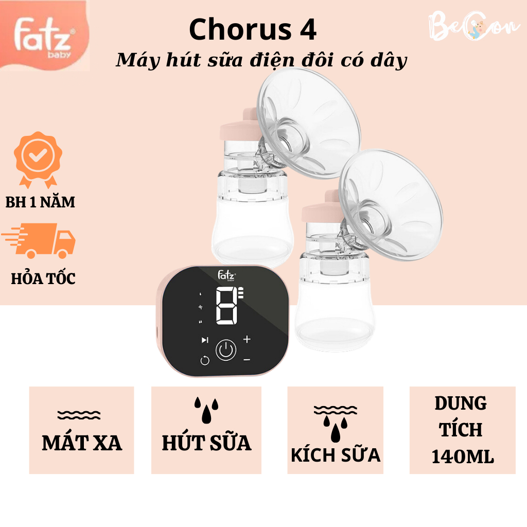 Máy Hút Sữa Điện Đôi FATZBABY, Máy vắt sữa Fatz Chorus 4 màn hình cảm ứng, vắt kiệt sữa, không ồn, không gây đau ti