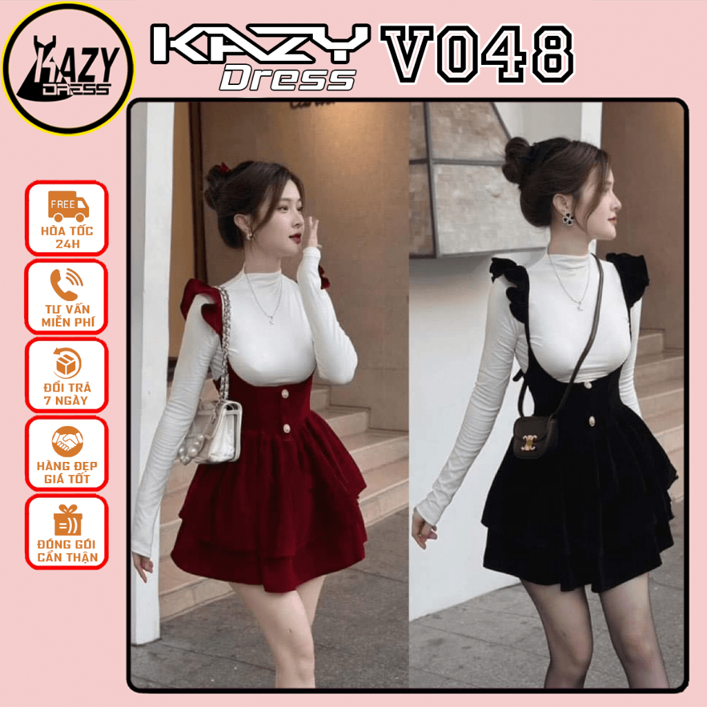Set nhung yếm cánh tiên phối áo len tăm cổ thuyền,váy xinh sang chảnh siêu xinh KAZYDRESS V048