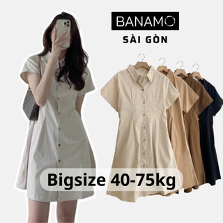 Váy nữ Banamo Sài Gòn đầm cộc tay sơ mi cài cúc chiết eo lưng chun nhiều màu thời trang 5915