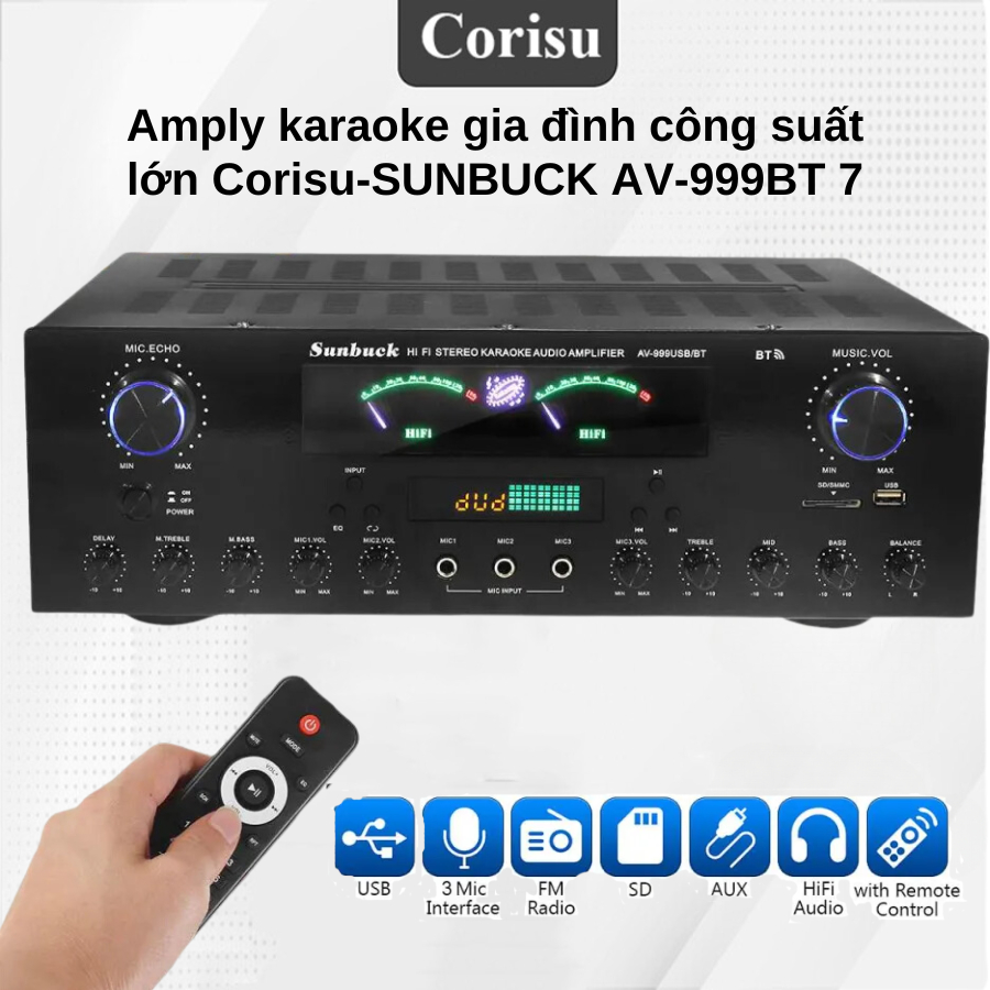 Amply karaoke gia đình công suất lớn Corisu-SUNBUCK AV999BT-KA890BT 7 cổng ra kết nối bluetooth, âm thanh cực đỉnh