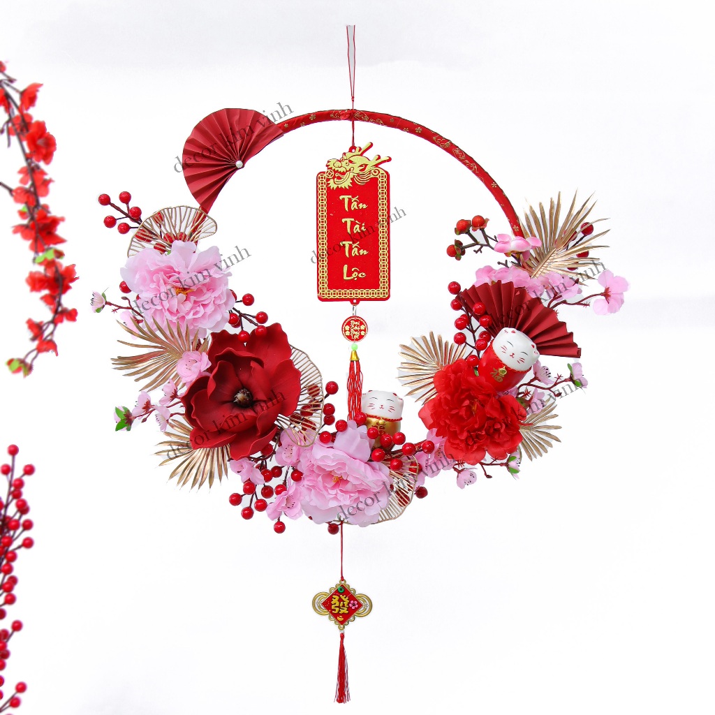 Vòng Hoa Tết H86 40cm Kèm Đèn, Vòng Hoa Trang Trí Tết Xuân