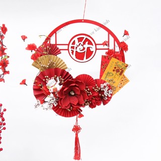 Vòng hoa tết h87 40cm kèm đèn, vòng hoa trang trí tết xuân