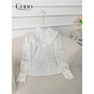 Sơ Mi Thiết Kế CEILIO SM228 Sơ Mi cổ bèo ren ép trắng