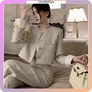 Sét dạ tweed dài tay cổ trong, áo khoác dạ dài tay+ quần dài dạ ống rộng hàng order Taobao