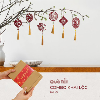 Bộ 6 dây treo chữ thư pháp trang trí tết Khai Lộc Hoàng Kim bằng gỗ màu đỏ độc đáo