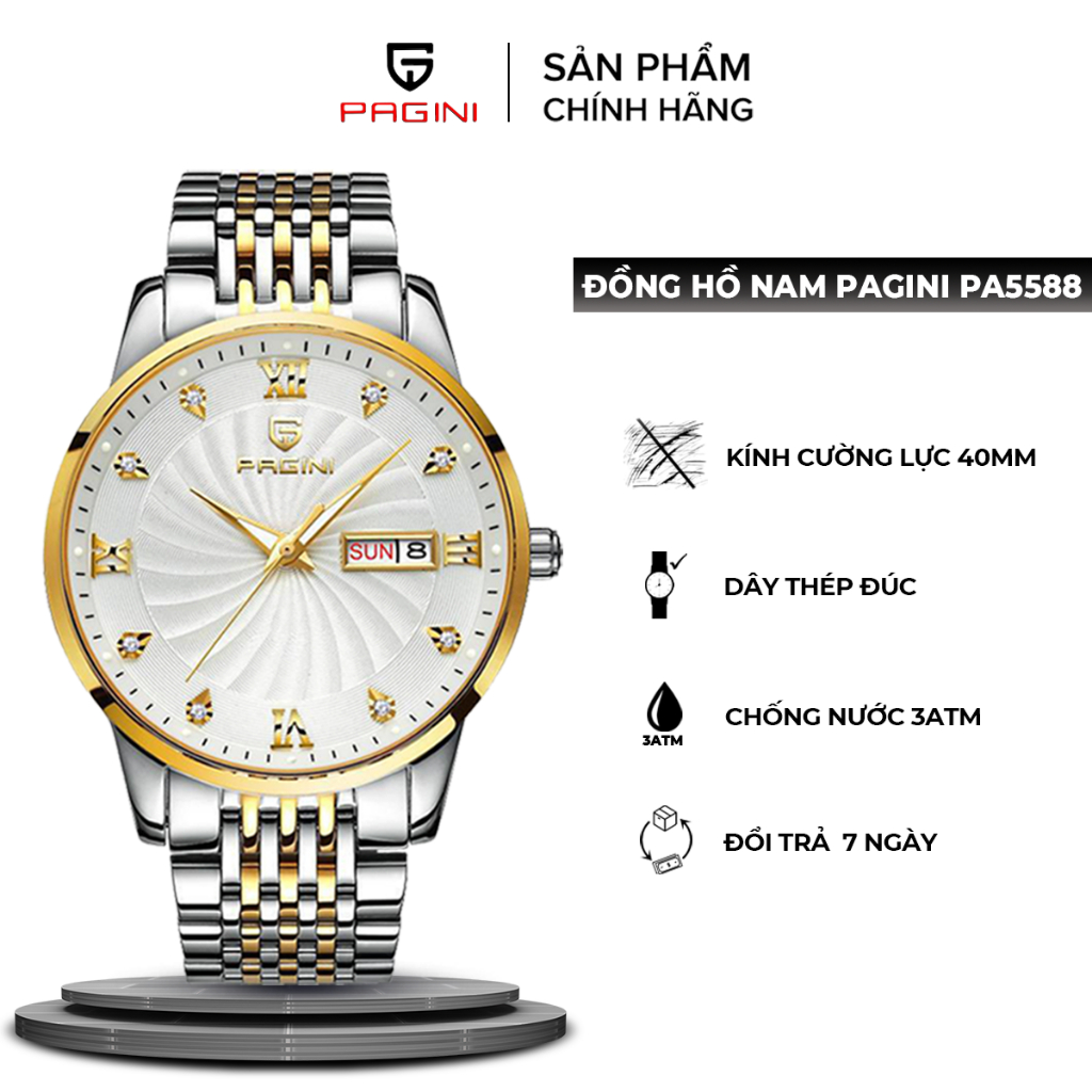 Đồng Hồ Nam Pagini PA5588 kim dạ quang, dây thép cao cấp mặt kính đính đá tinh tế sang trọng Full Box