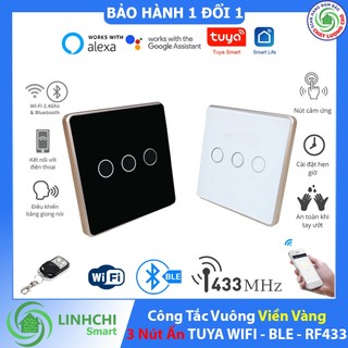 Công Tắc TUYA Vuông Viền Vàng 3 nút ấn WIFI BLUETOOTH RF433 Điều Khiển từ xa trên điện thoại qua ứng dụng smartlife