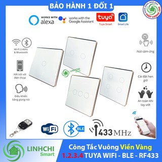 Công Tắc TUYA Vuông Viền Vàng WIFI BLUETOOTH RF433 1 2 3 4 Nút Ấn Chuẩn UK Điều Khiển Từ Xa trên điện thoại Tuya smart