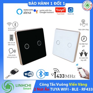 Công Tắc TUYA Vuông Viền Vàng 2 nút ấn WIFI BLUETOOTH RF433 Chuẩn UK Điều Khiển Từ Xa trên điện thoại Tuya smart