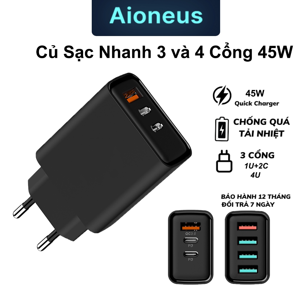 Củ sạc nhanh 3 cổng Type C 45W USB Quick Charger 30W dùng cho IP , Smartphone.
