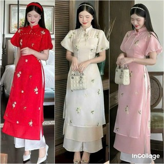 Sét áo dài 2 lớp voan ánh kim thêu phối tà trong lụa kèm quần phi lụa trẻ trung
