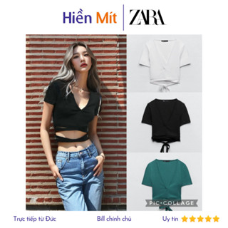 ZARA Đức - Áo croptop body tay ngắn thun gân cổ V dây thắt eo đen trắng xanh sale auth new cao cấp sẵn 3253/806