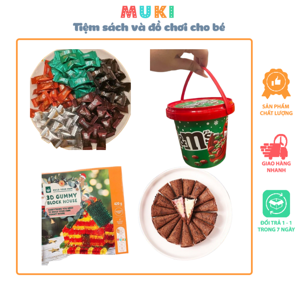 Kẹo cafe - Set mix 4 vị, Bánh ốc quế Oreo 40 cái, Kẹo Xmas - Socola sữa M&amp;M xô 640g, Kẹo Xmas - Kẹo dẻo ngôi nhà 3D