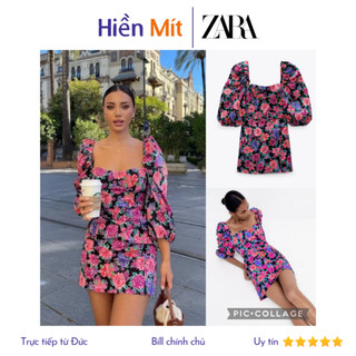 Size XS-ZARA Đức - Đầm chính hãng auth new tag cao cấp có sẵn sale váy 8812/546 hoa hồng tay phồng thắt lưng body ôm tím