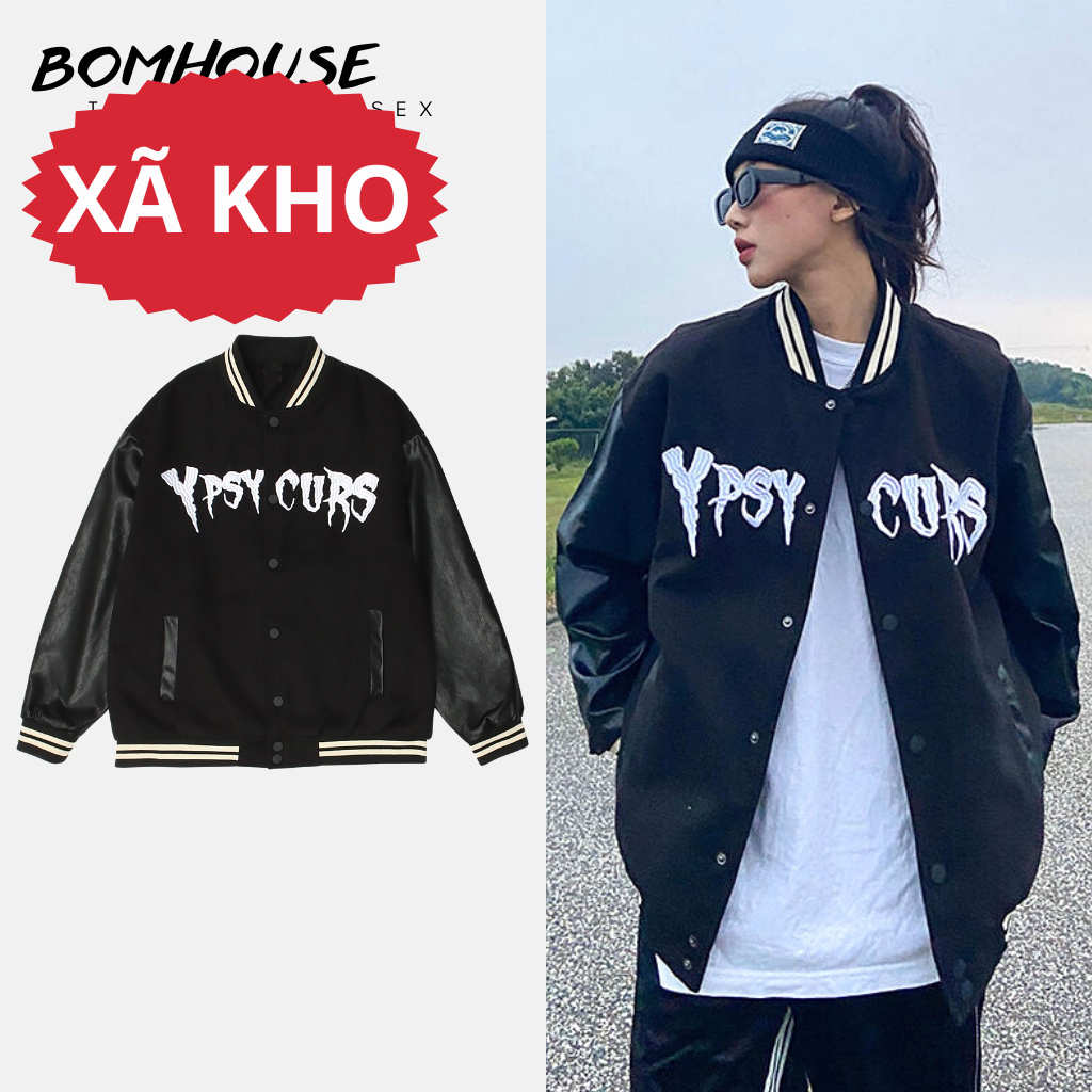 Áo Khoác Bomber Varsity Jacket BOM HOUSE Bóng Chày Nam Nữ Chất Liệu Kaki Phối Tay Da Logo Thêu 2 Lớp