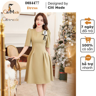 Đầm công sở CITI MODE FASHION thiết kế dáng xoè vàng đính hoa ngực trắng DH4477