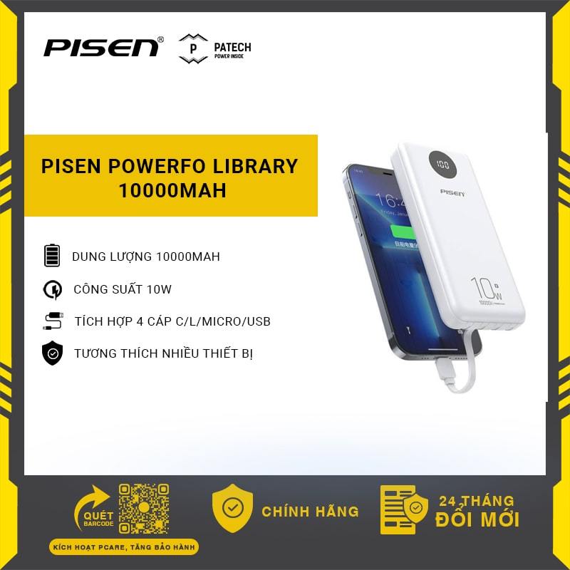 Sạc dự phòng PISEN PowerFo Library 10000mAh, tích hợp 4 cáp C/L/Micro/USB, model: TS-D323, BH 24 tháng - Hàng chính hãng