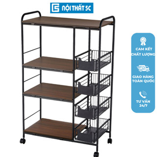 Kệ để đồ đa năng nhà bếp 3 4 tầng kép có bánh xe, thép carbon, kệ vi sóng gia vị nồi chiên không dầu thông minh đa năng