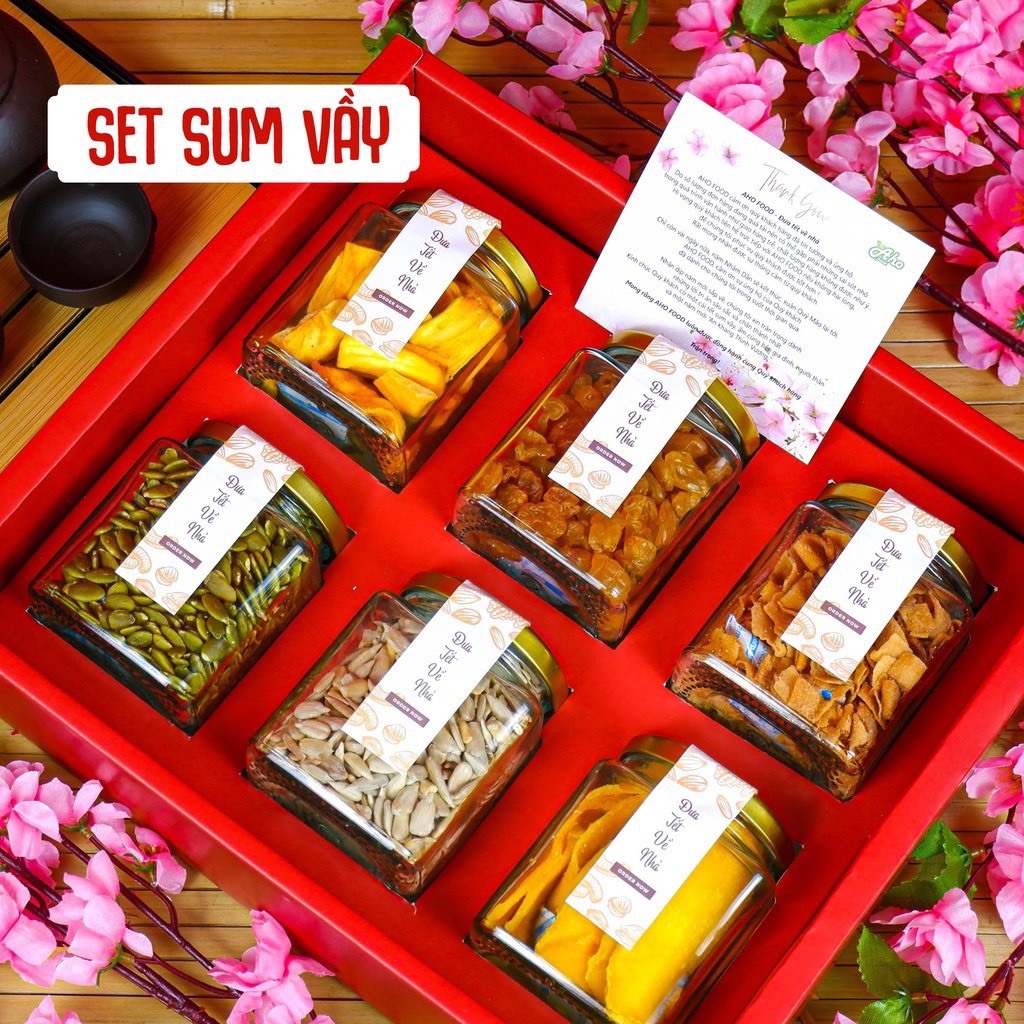Hộp Quà Tết 2026- Sét Sum Vầy Aho Food, set 6 món hoa quả sấy, hạt sấy khô sang trọng dành tặng gia đình