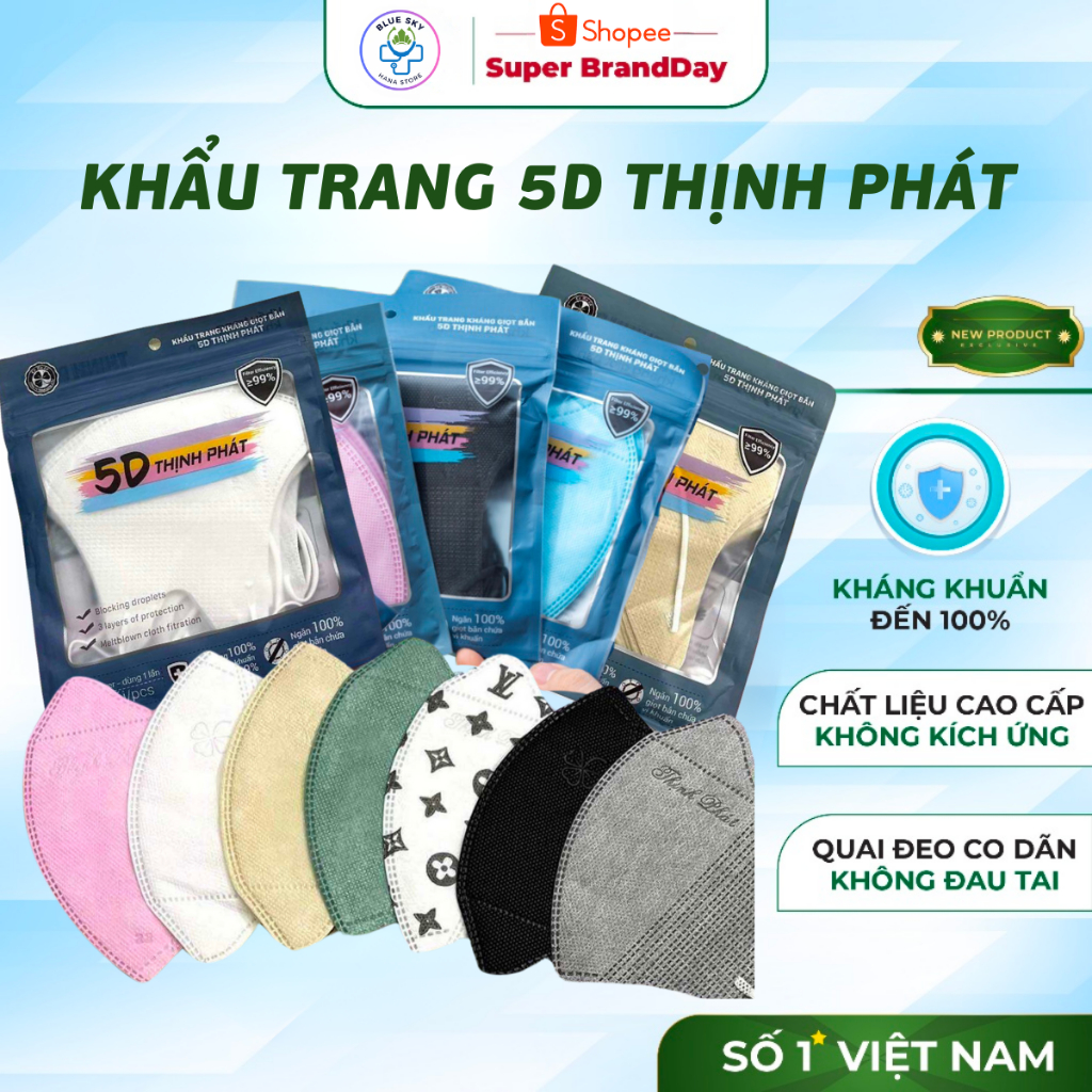 [Thùng 100 cái] Khẩu Trang 5D Thịnh Phát 3 Lớp Kháng Khuẩn, đủ màu sắc tự chọn kháng khuẩn ôm mặt chống nắng thời trang