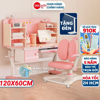 Bộ bàn học chống gù Gỗ tự nhiên Sakawin S120, Bàn học cho bé có giá sách cao cấp Size Lớn 1M2, 2 Lựa chọn ghế chống gù