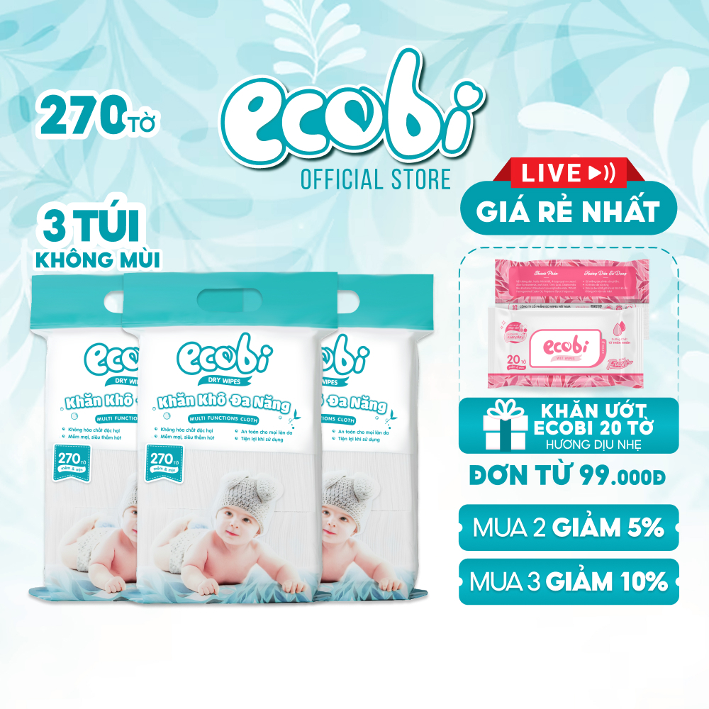 Combo 03 túi khăn khô đa năng cao cấp cho bé Ecobi túi 270 tờ 345g siêu tiết kiệm