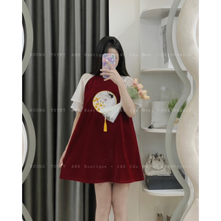 Váy babydoll nhung xoè thêu Tết mai hạc tay tơ ( hình chính chủ )