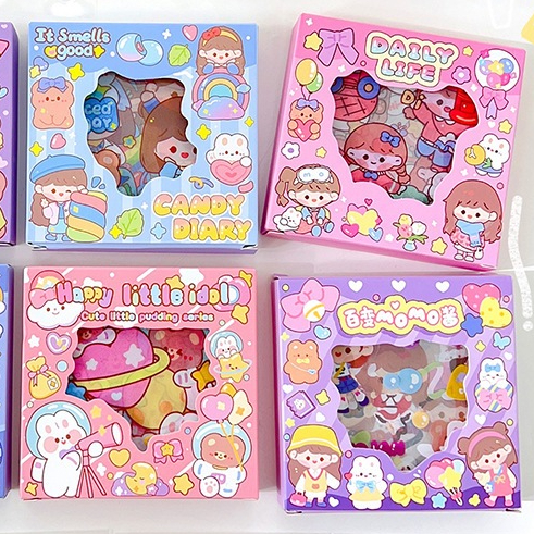 Sticker dễ thương trang trí sách nhiều mẫu, Hộp 100 tấm sticker MOMO, sticker lấp lánh, giấy gấp hạc