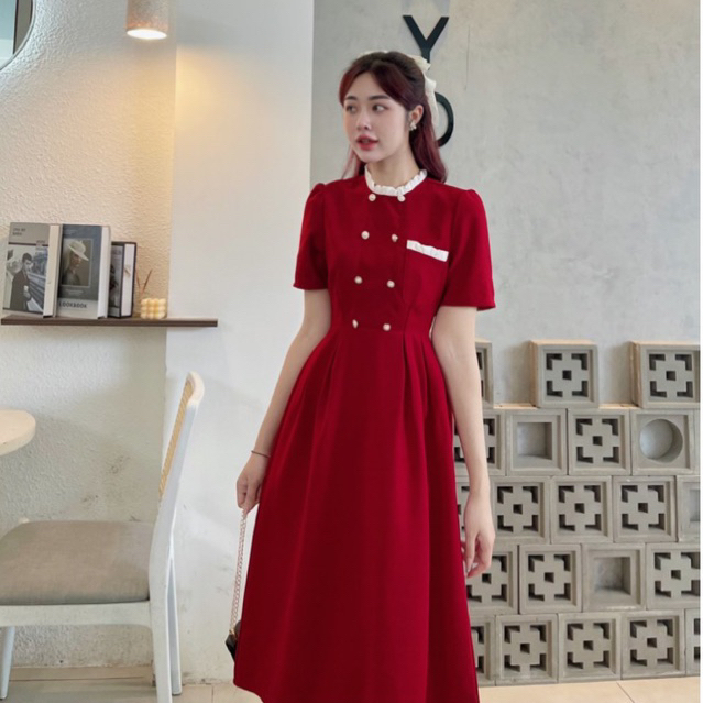 ĐẦM MIDI NỮ PHỐI CỔ BÈO TRẮNG ĐÍNH NÚT DÁNG A