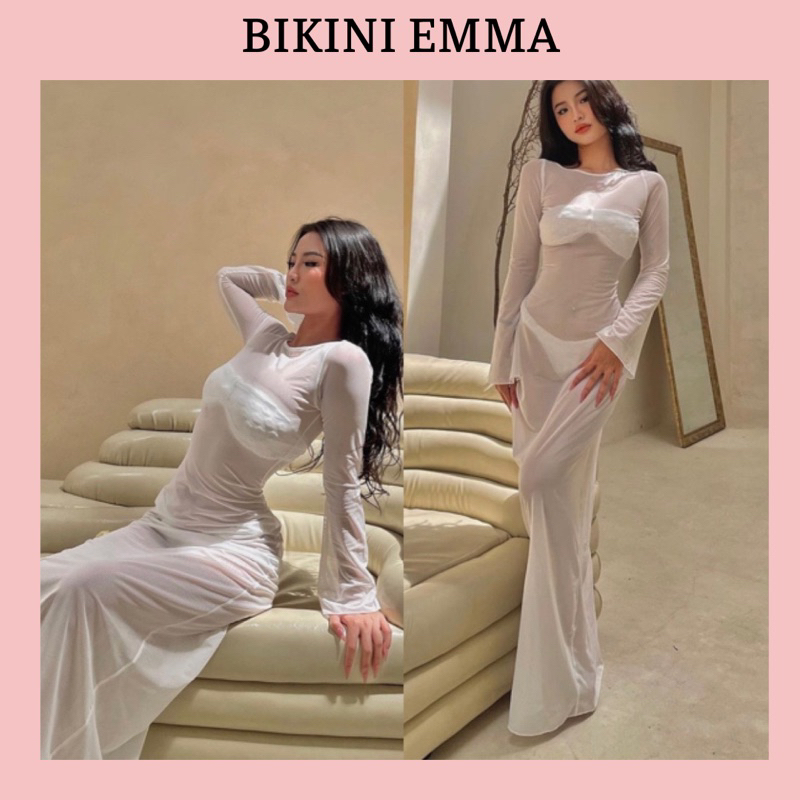 Đầm Lưới Dáng Dài Xuyên Thấu EMMA Co Giãn Bốn Chiều, Tay Loe