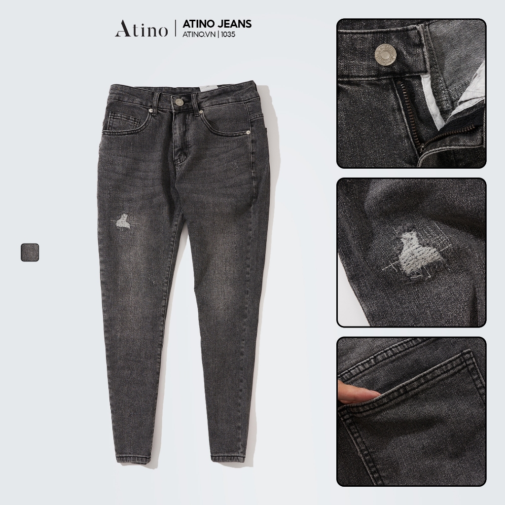 Quần Jean Nam Đen Rách ATINO Chất Liệu Jean Pha Spandex Form Slim-Fit QJ1.1035