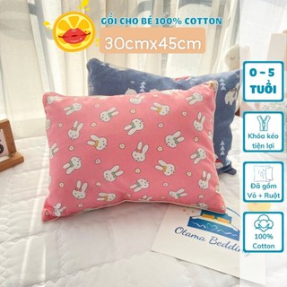 Gối muji trẻ em 100% vải cotton 30cmx45cm ruột bông gòn trắng cho bé từ 1-5 tuổi, vỏ gối đầu cotton cho bé có khóa kéo
