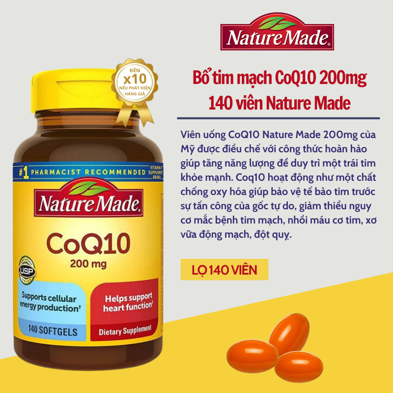 Bổ tim mạch Nature Made CoQ10 200mg giúp điều hòa huyết áp