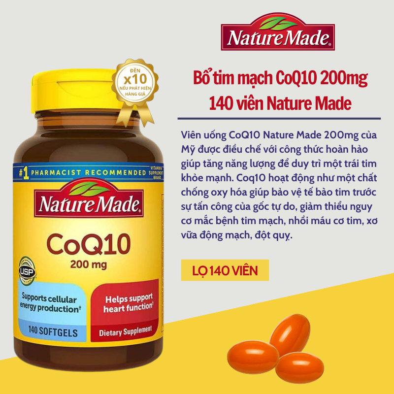 Bổ tim mạch Nature Made CoQ10 200mg giúp điều hòa huyết áp, phòng chống đột quỵ và nhồi máu cơ tim 140 viên của Mỹ