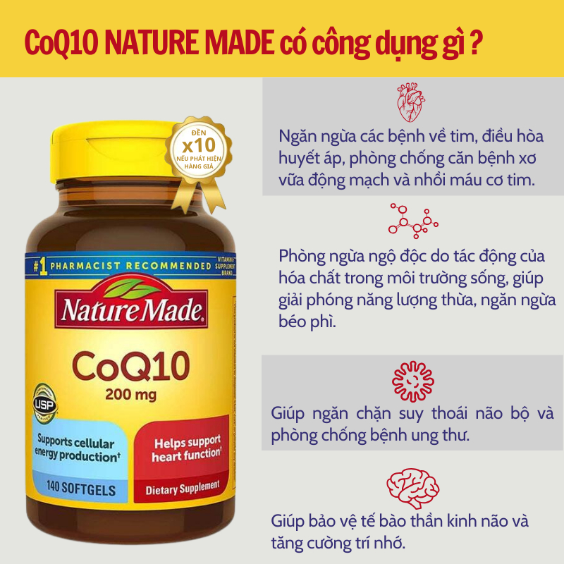 Bổ tim mạch Nature Made CoQ10 200mg giúp điều hòa huyết áp, phòng chống đột quỵ và nhồi máu cơ tim 140 viên của Mỹ