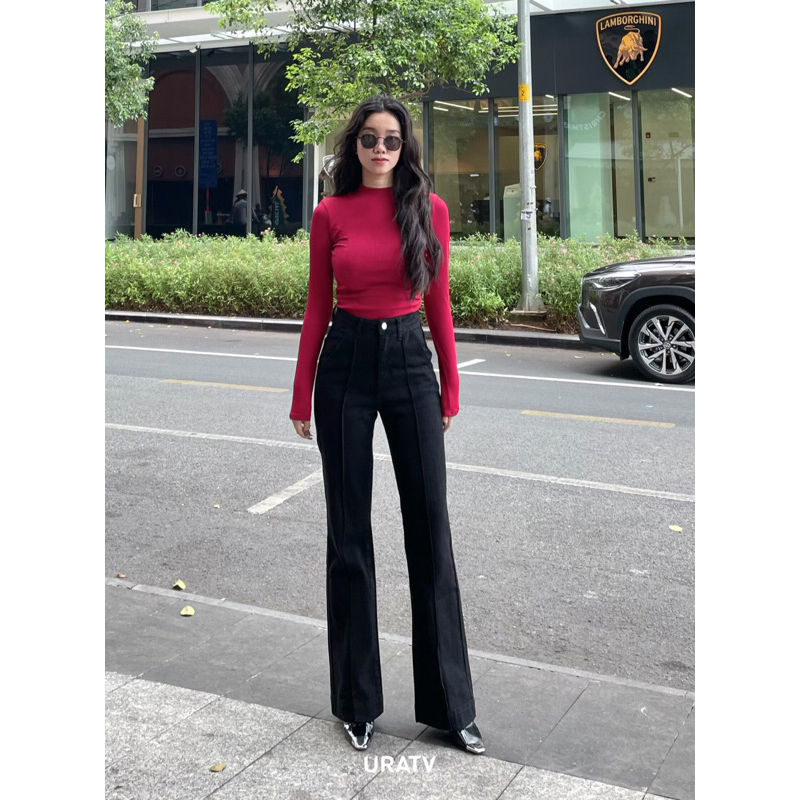 Quần jeans loe gân giữa PB lưng cao không co giãn