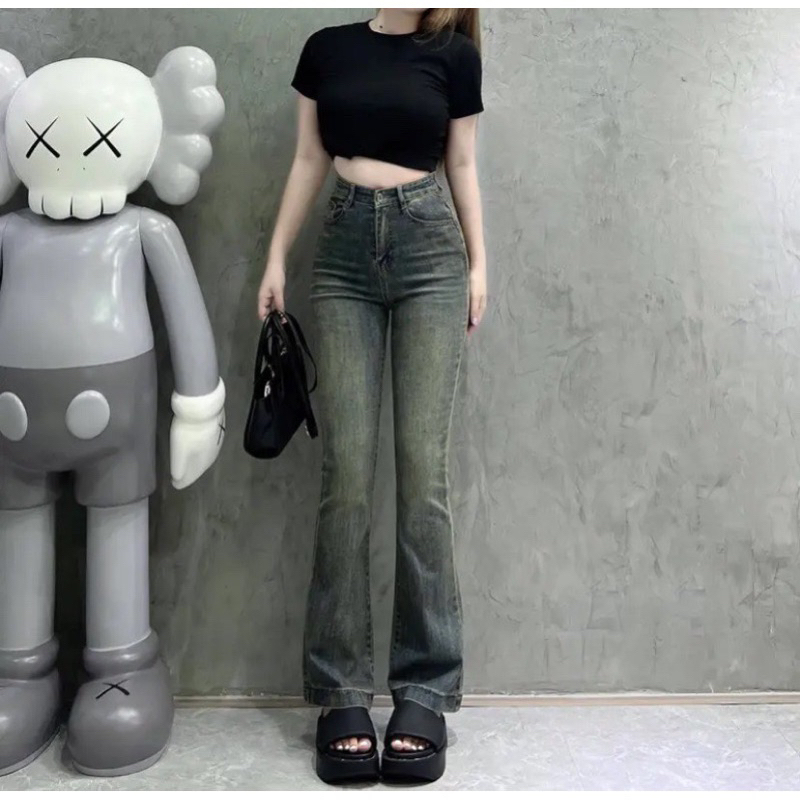 Quần jeans ống loe gấu to lưng cao co dãn màu sắc mới lạ kiểu dáng Hàn Quốc
