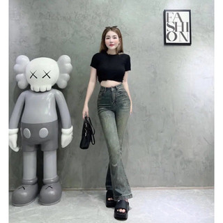 Quần jeans ống loe bản gấu to mài đùi lưng cao chất mềm co dãn màu xanh rêu mới dễ phối