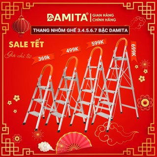 Thang Nhôm Ghế Tay Vịn 3 4 5 6 7 Bậc DAMITA Hàn Quốc 7.4 Kg , inox 304 Có Video Thực Tế Tự quay. Cực Kỳ chắc chắn