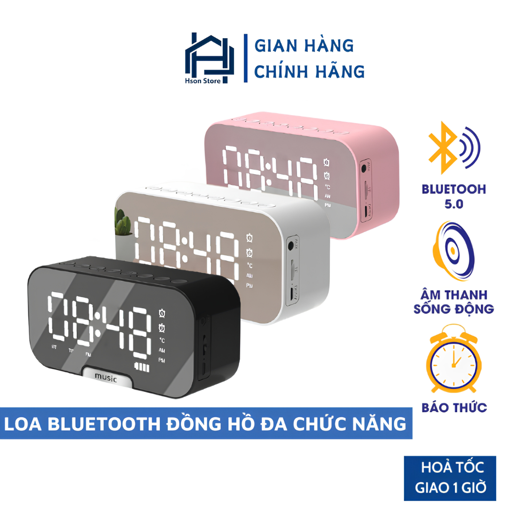 Loa bluetooth đồng hồ HSON đa chức năng, loa nghe nhạc kiêm đồng hồ xem giờ, cài báo thức, màn hình gương hiển thị led