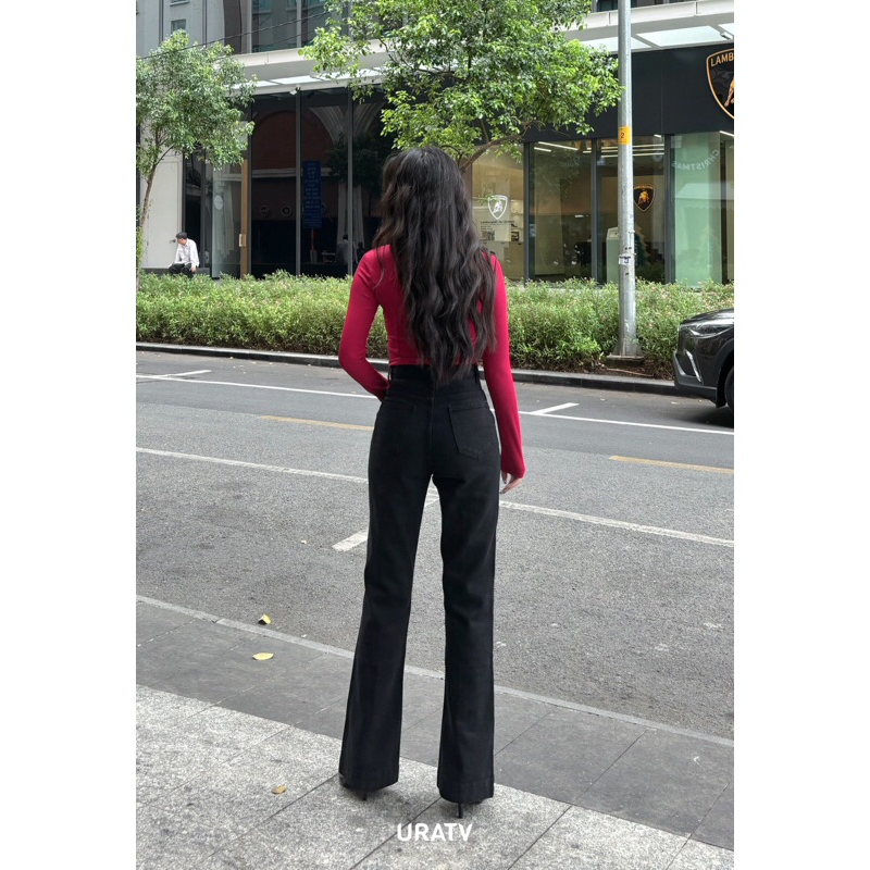 Quần jeans loe gân giữa PB lưng cao không co giãn