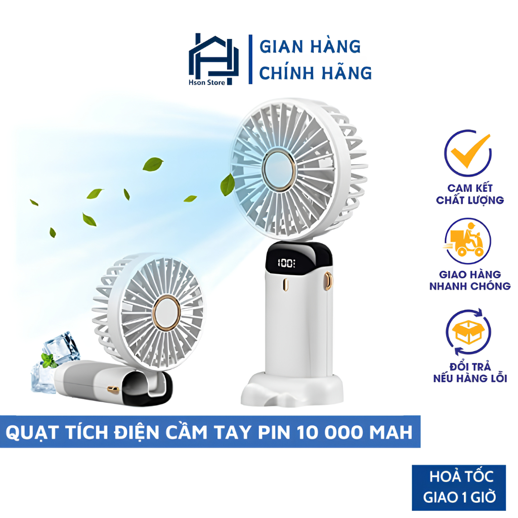 Quạt mini cầm tay HSON pin khủng 10 000 MAH, quạt tích điện gấp gọn 5 cấp độ gió linh hoạt, hiện thị đèn led % pin