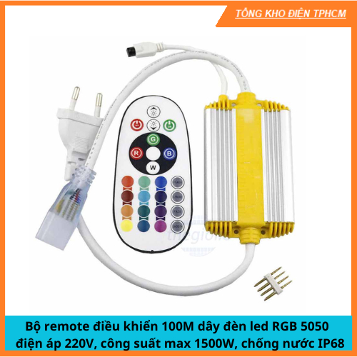 Bộ remote điều khiển 100M dây đèn led RGB 5050 , điện áp 220V, công suất max 1500W, chống nước IP68