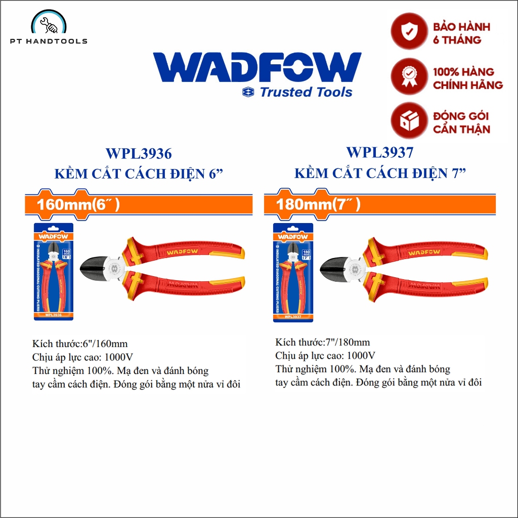 Kìm cắt cách điện Wadfow 160mm 180mm 1000V MẠ ĐEN VÀ ĐÁNH BÓNG WPL3936 WPL3937 - PT Handtools