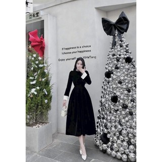 [Hình thật chụp sàn] Đầm maxi đầm nhung dài tay phối màu cổ đính ngọc xinh xắn