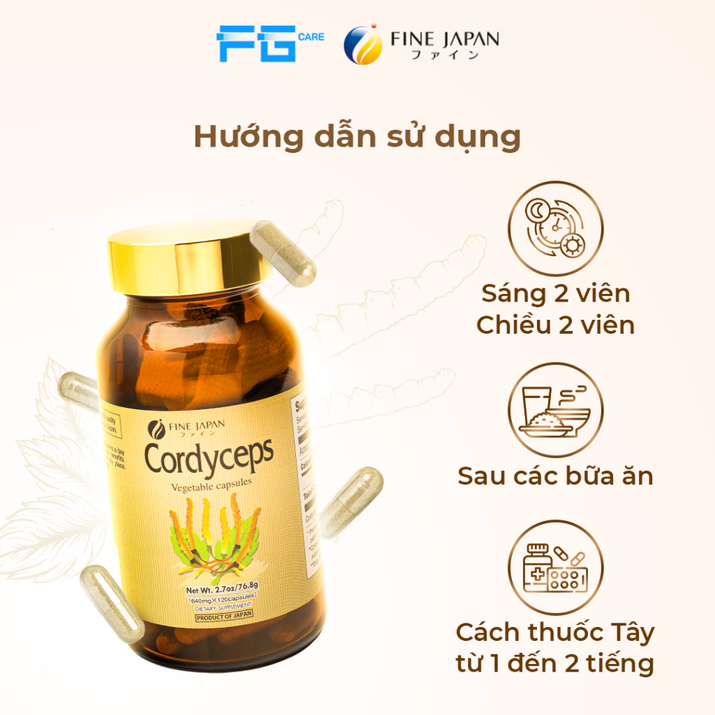 Viên Đông Trùng Hạ Thảo Nhật Bản, giúp Bổ Phổi, Tăng Sức Đề Kháng - Cordyceps FINE JAPAN (Hộp 120 Viên)