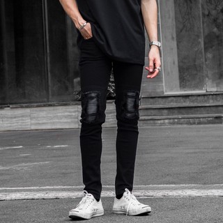 Quần Biker Jeans Nam Đen Form Dáng Skinny Ôm Chân Rách Gối Có Zipper Chất Liệu Cotton