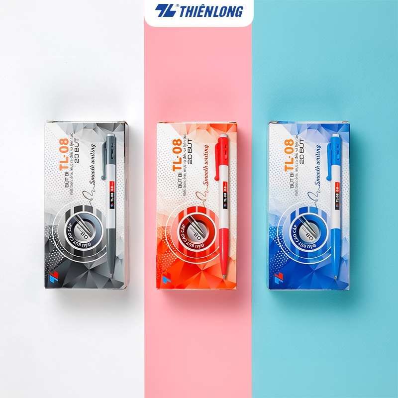 Bút bi Thiên Long TL-08 ngòi 0.8mm mực xanh/đỏ/đen thiết kế tối giản, dễ sử dụng, dạng bấm cò