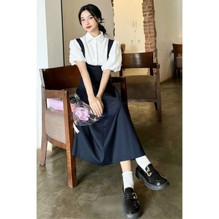 Set áo sơ mi tay phồng mix đầm yếm dài xòe đẹp
